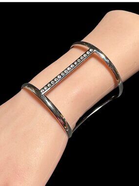 Wide Cuff Bracelet Central Bar Clear Rhinestone Inlay Silver Tone Womens NWOT